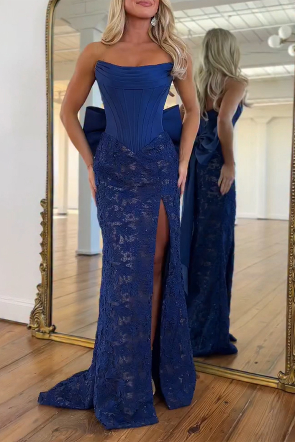 Red Lace Corset Mermaid Strapless Long Prom Dress with Bow