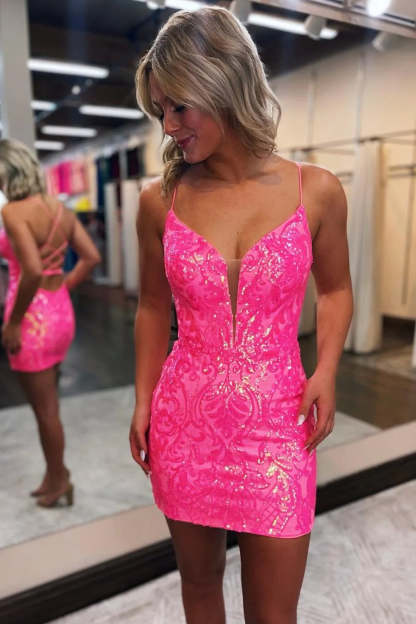 Sparkly Hot Pink Sequins Lace-Up Back Tight Short Homecoming Dress