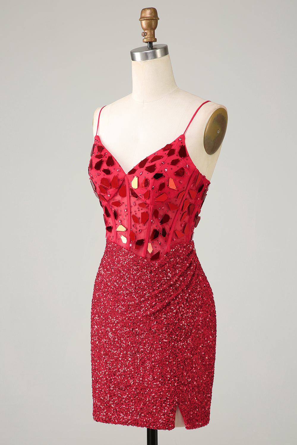 Sparkly Red Sequin Spaghetti Straps Mirror Tight Short Hoco Dress