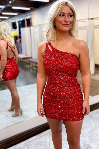 Sparkly Coral One Shoulder Sequins Homecoming Dress