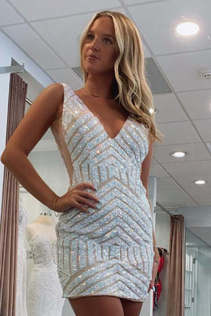Sparkly White Sequins V-Neck Tight Homecoming Dress