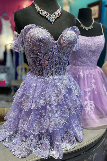Glitter Fuchsia Tiered A-Line Short Lace Homecoming Dress