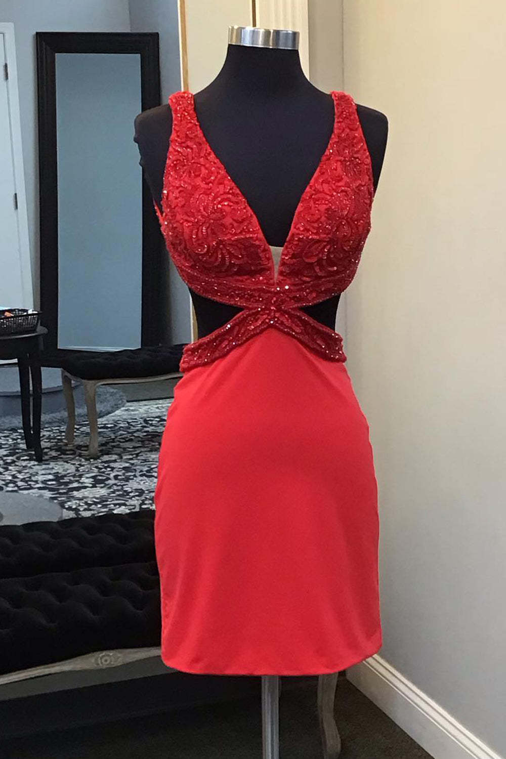 Sparkly Red Lace-Up Back Cut Out Tight Short Homecoming Dress with Sequins