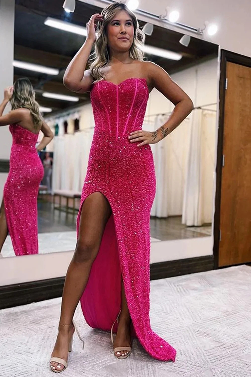 Sheath Sweetheart Fuchsia Sequins Floor Length Prom Dress with Split Front