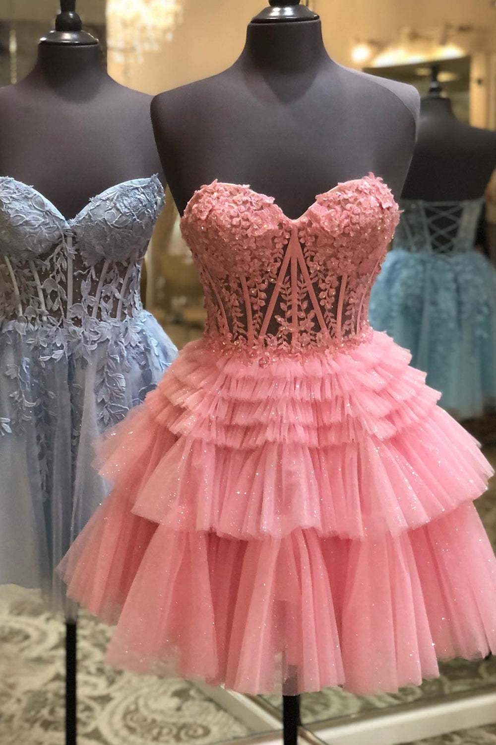 Glitter Pink Corset A-Line Tiered Short Homecoming Dress with Lace