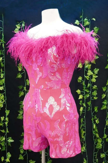 Sparkly Fuchsia Sequins Tight Short Hoco Jumpsuits with Feathers