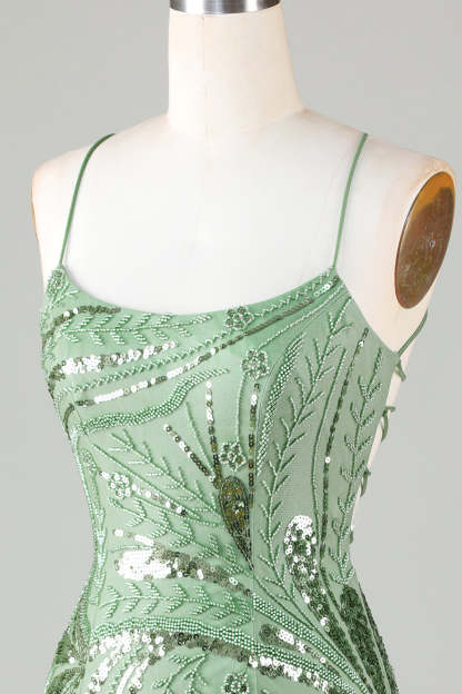 Glitter Green Sequins Tight Beaded Short Homecoming Dress