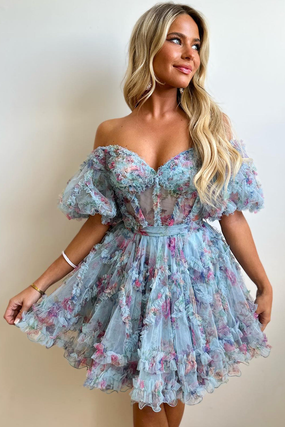 Purple Floral A-Line Short Homecoming Dress