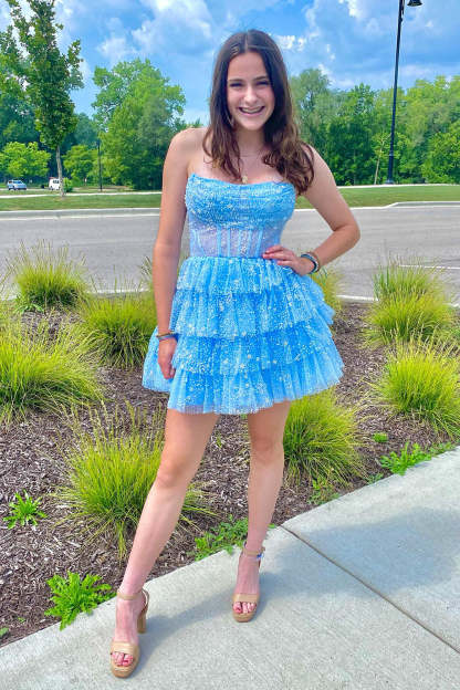 Light Blue Corset Strapless A-Line Tiered Short Homecoming Dress