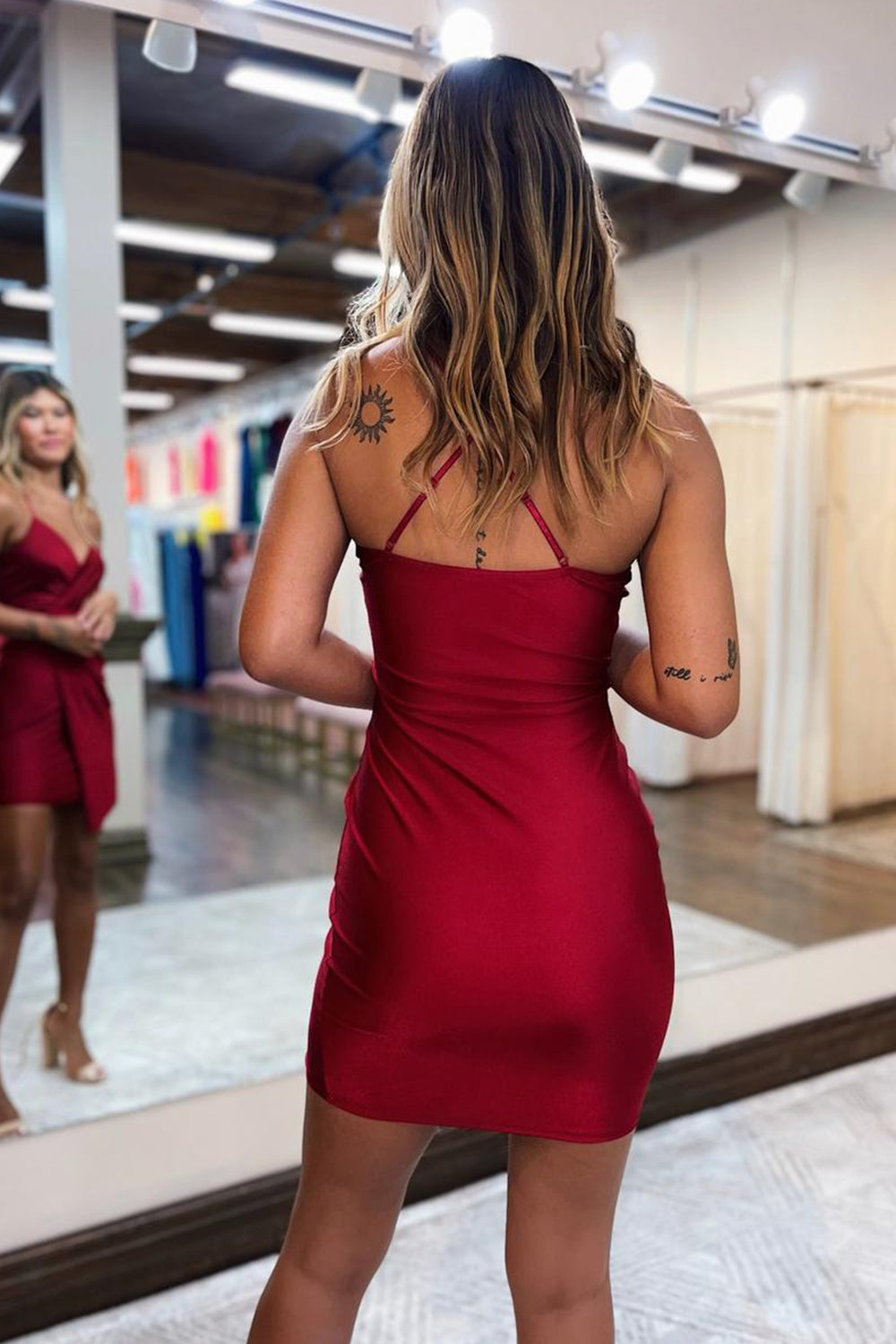 Simple Red Asymmetrical Spaghetti Straps Tight Short Homecoming Dress
