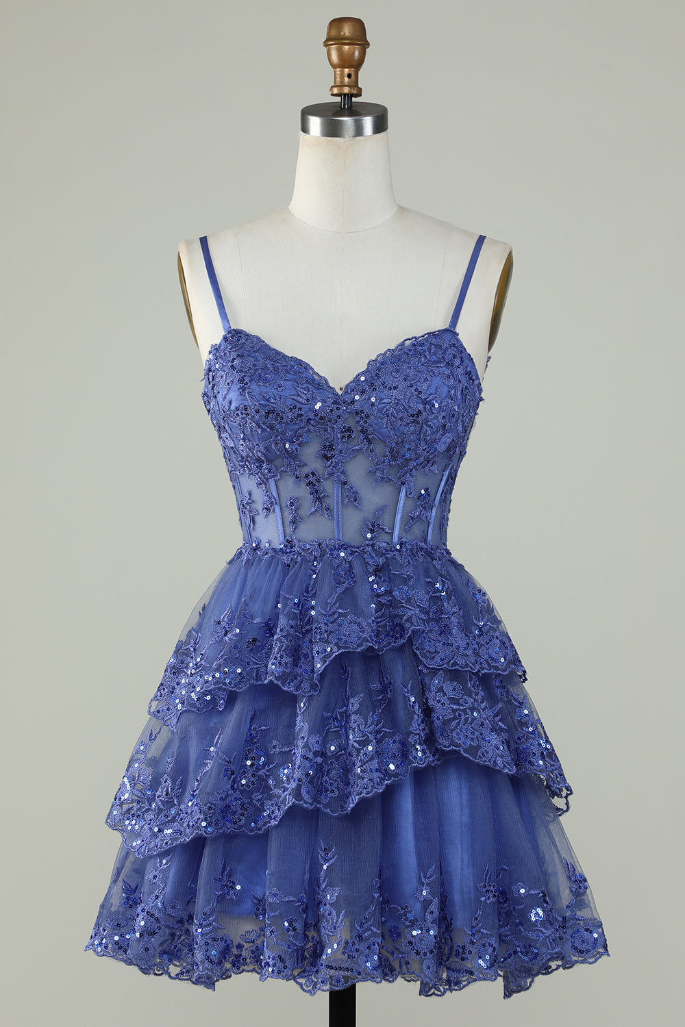 Sparkly Dark Blue Corset Top Spaghetti Straps A-Line Lace Short Homecoming Dress