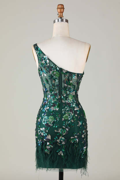 Sparkly Dark Green Tight Short Beaded Homecoming Dress with Feathers
