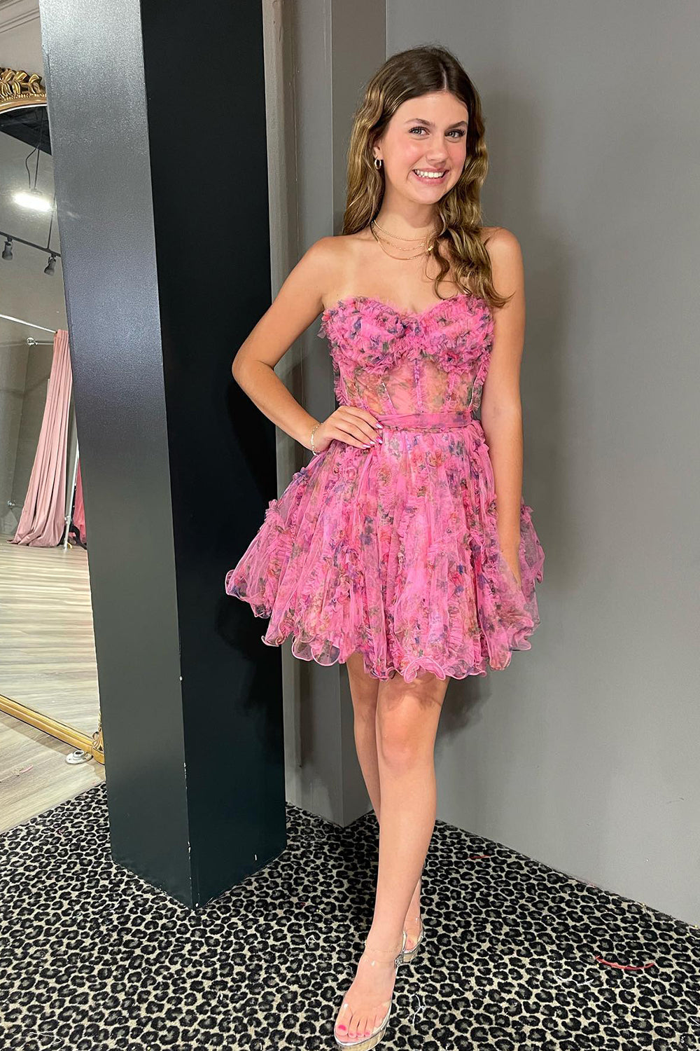Pink Corset Sweetheart Floral A-Line Short Homecoming Dress with Ruffles