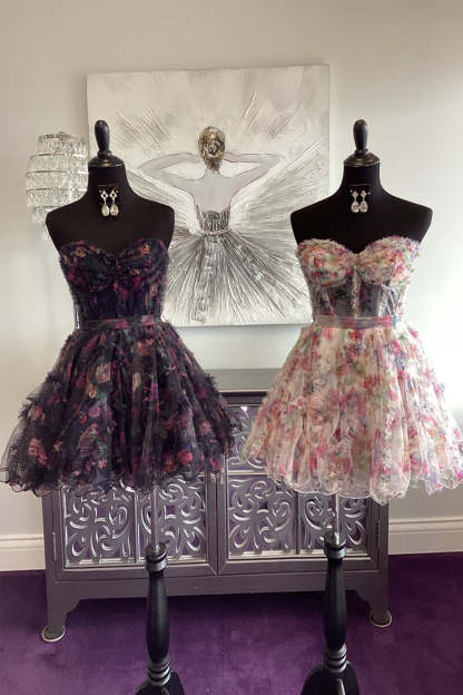 Lilac Corset Sweetheart Floral A-Line Short Homecoming Dress with Ruffles