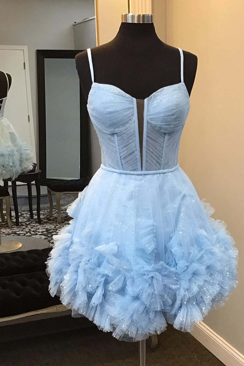 Glitter Blue Corset Tulle A-Line Tulle Short Homecoming Dress with Ruffles