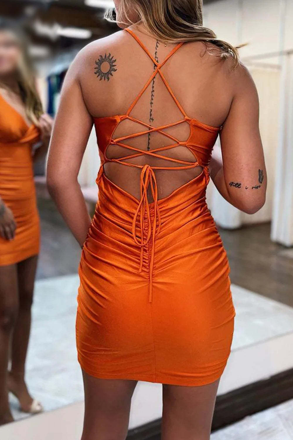 Orange Lace-Up Back Spaghetti Straps Tight Short Homecoming Dress