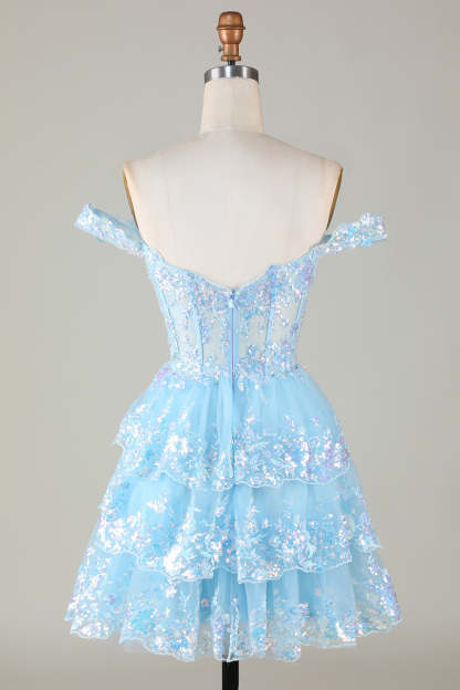 Glitter Blue Asymmetrical A-Line Short Lace Homecoming Dress