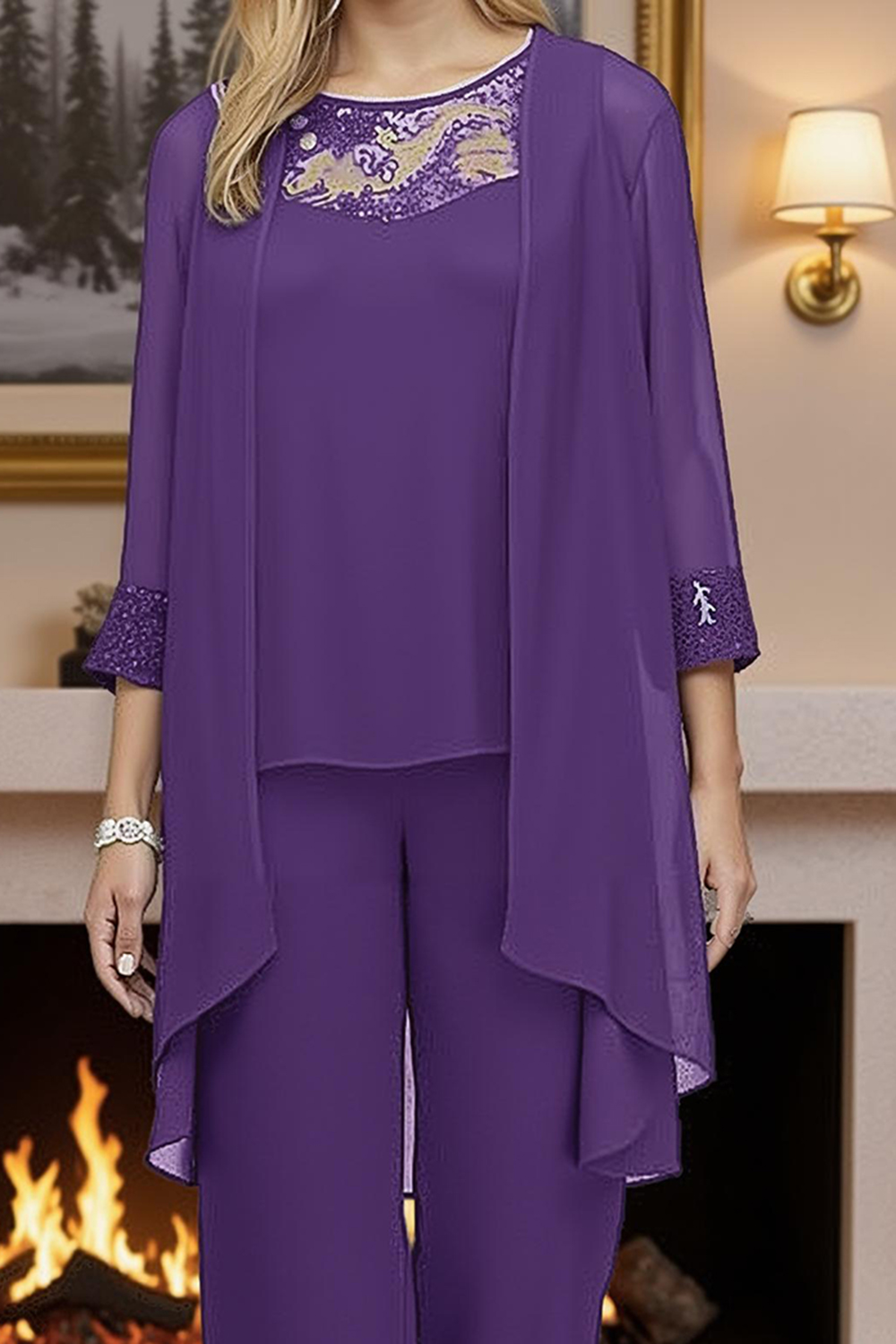 Steel Grey Boat Neck 3-Piece Mother of the Bride Pantsuit with Lace