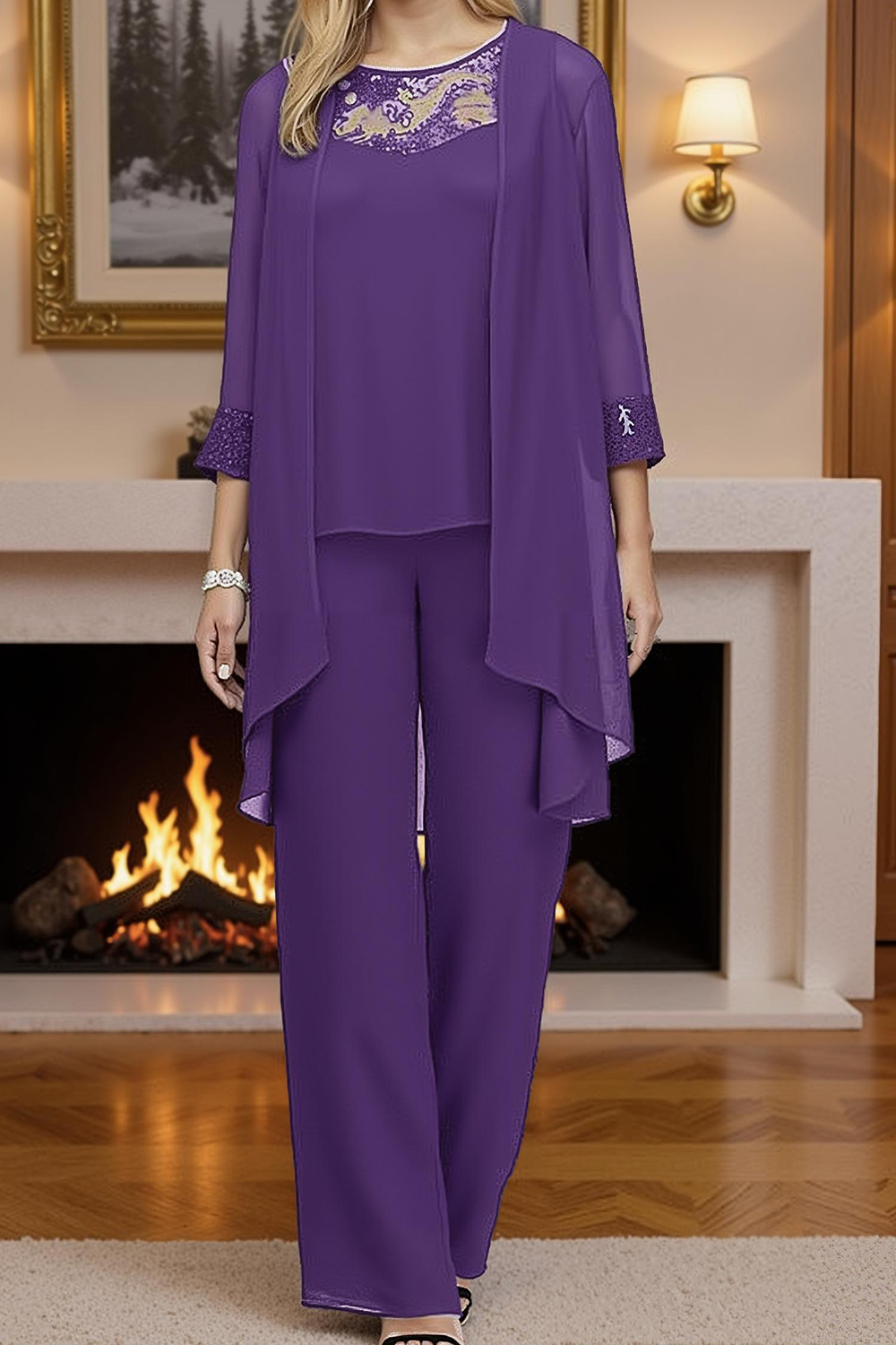 Steel Grey Boat Neck 3-Piece Mother of the Bride Pantsuit with Lace