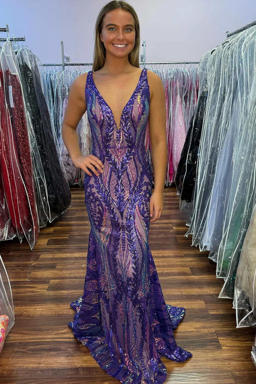 Sparkly Purple Mermaid Backless Long Prom Dress With Sequins