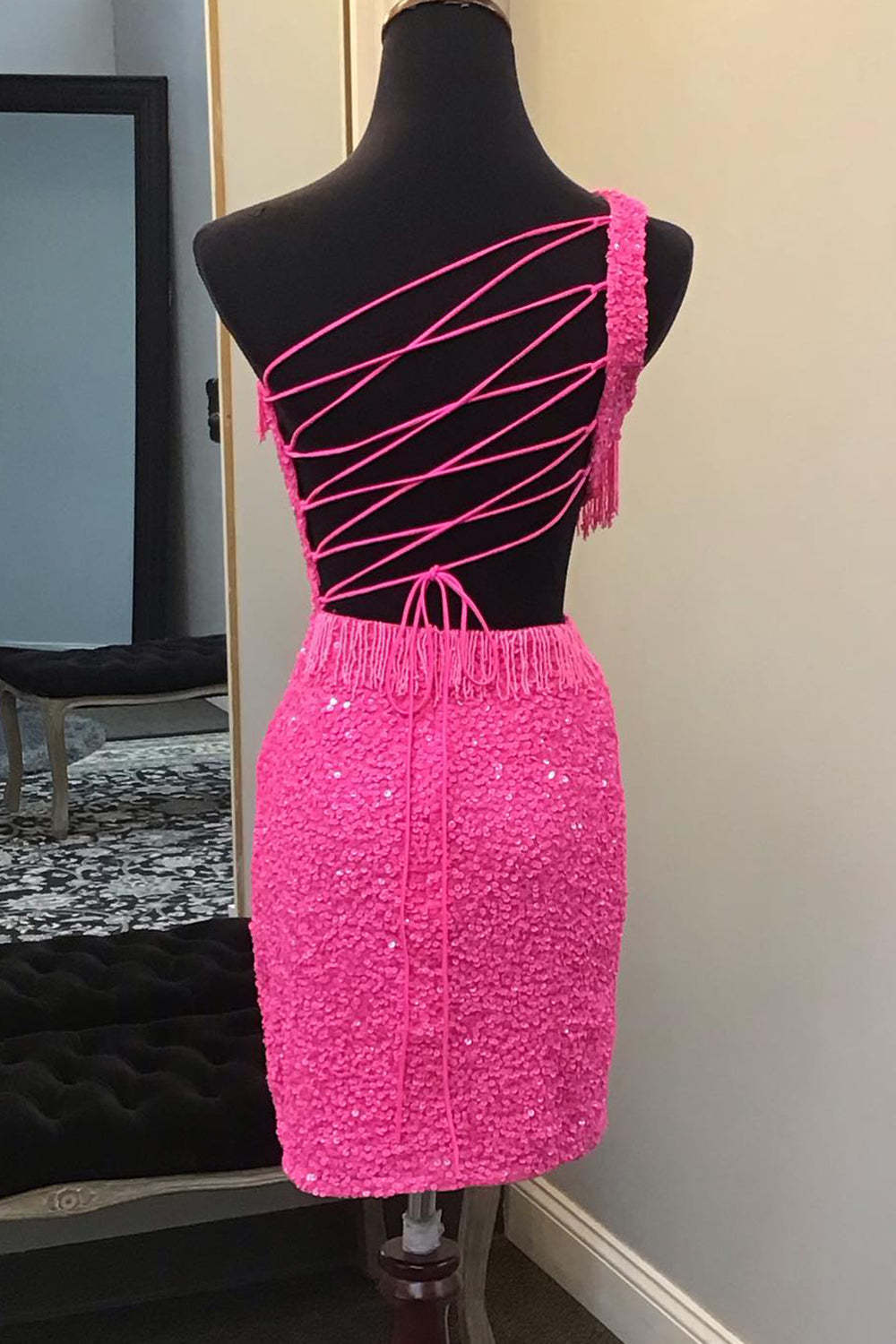 Sparkly Fuchsia Sequins Fringed Cut Out Tight Short Homecoming Dress