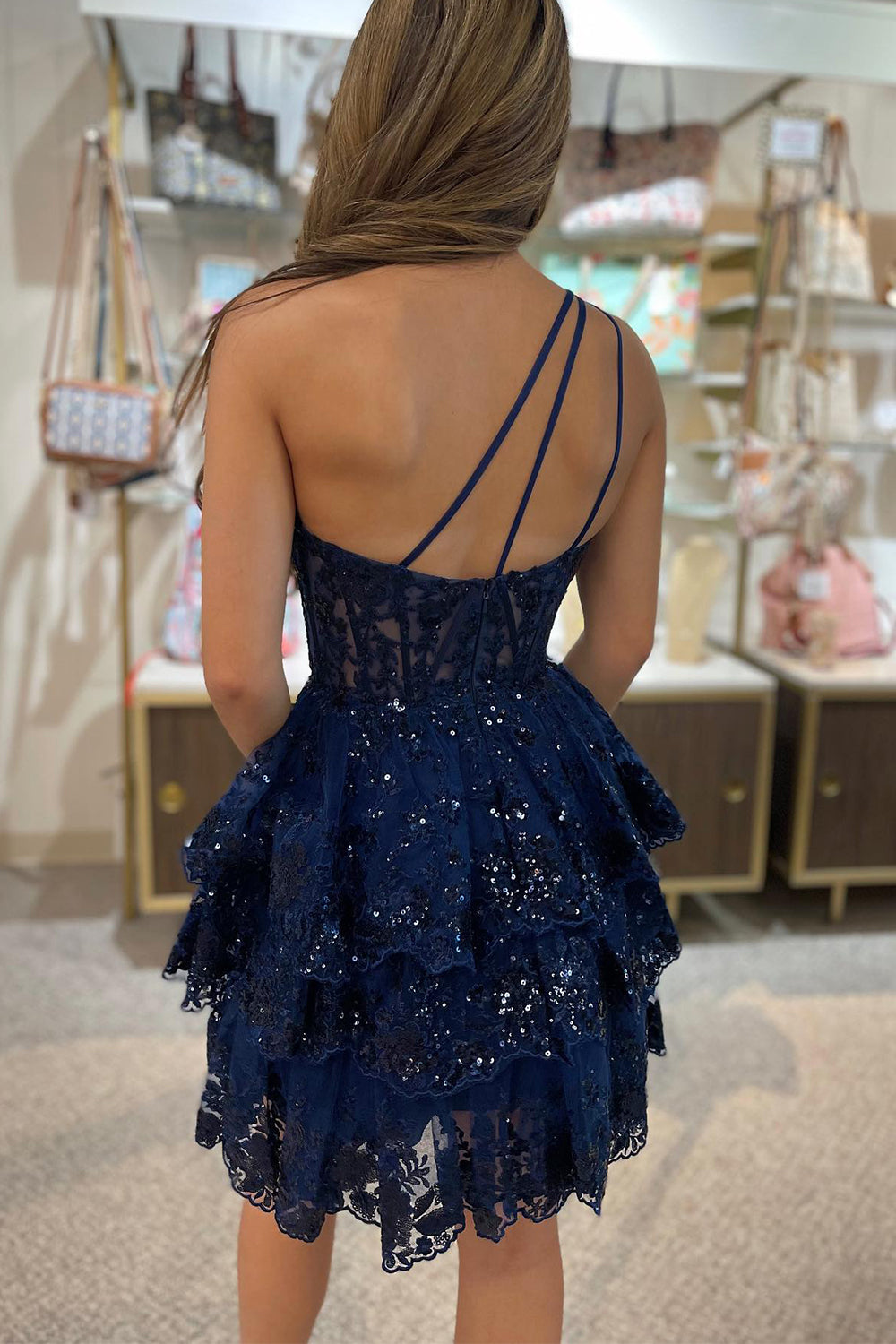 Sparkly Navy Tiered Lace One Shoulder A-Line Short Homecoming Dress