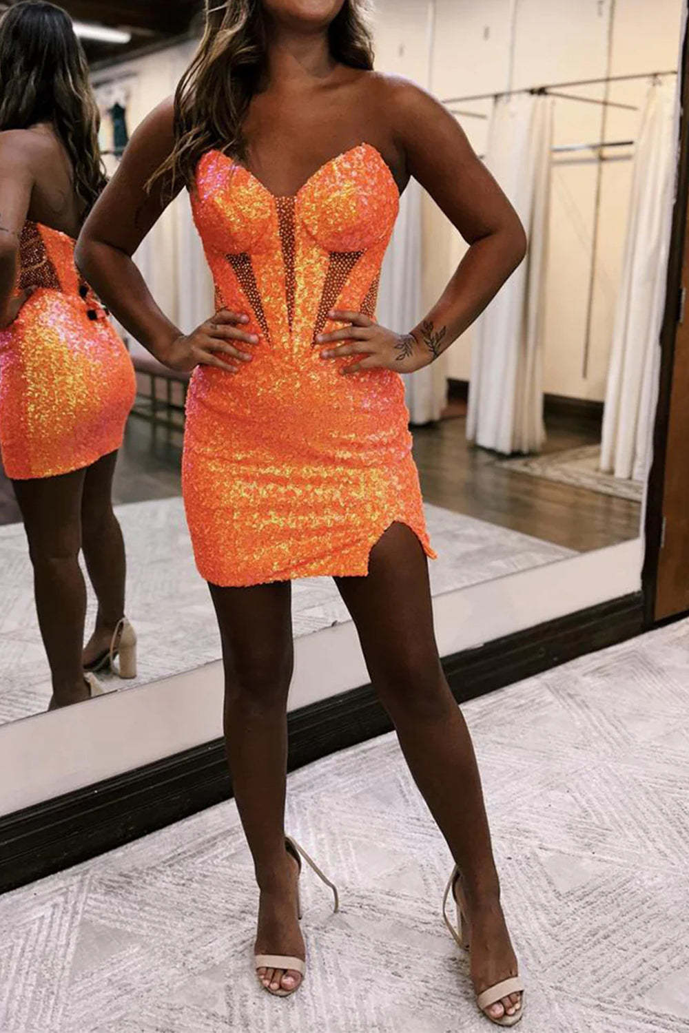 Sparkly Orange Corset Sweetheart Tight Short Homecoming Dress with Slit