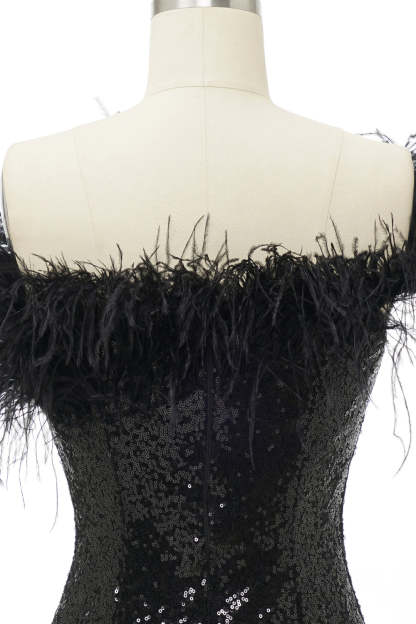 Black One Shoulder Sequins Short Homecoming Dress with Feathers