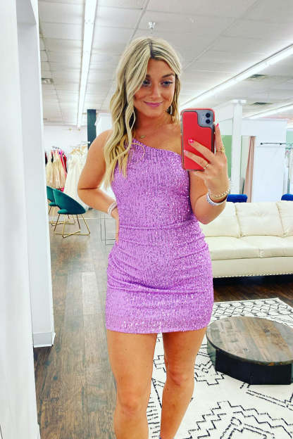 Sparkly Purple Sequins One Shoulder Tight Short Homecoming Dress