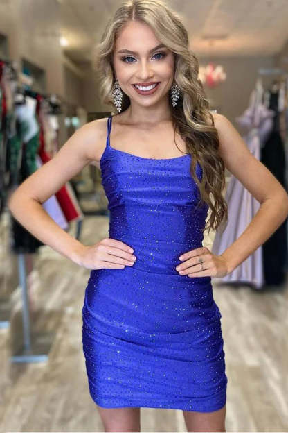 Sparkly Navy Sequined Lace-Up Back Tight Homecoming Dress