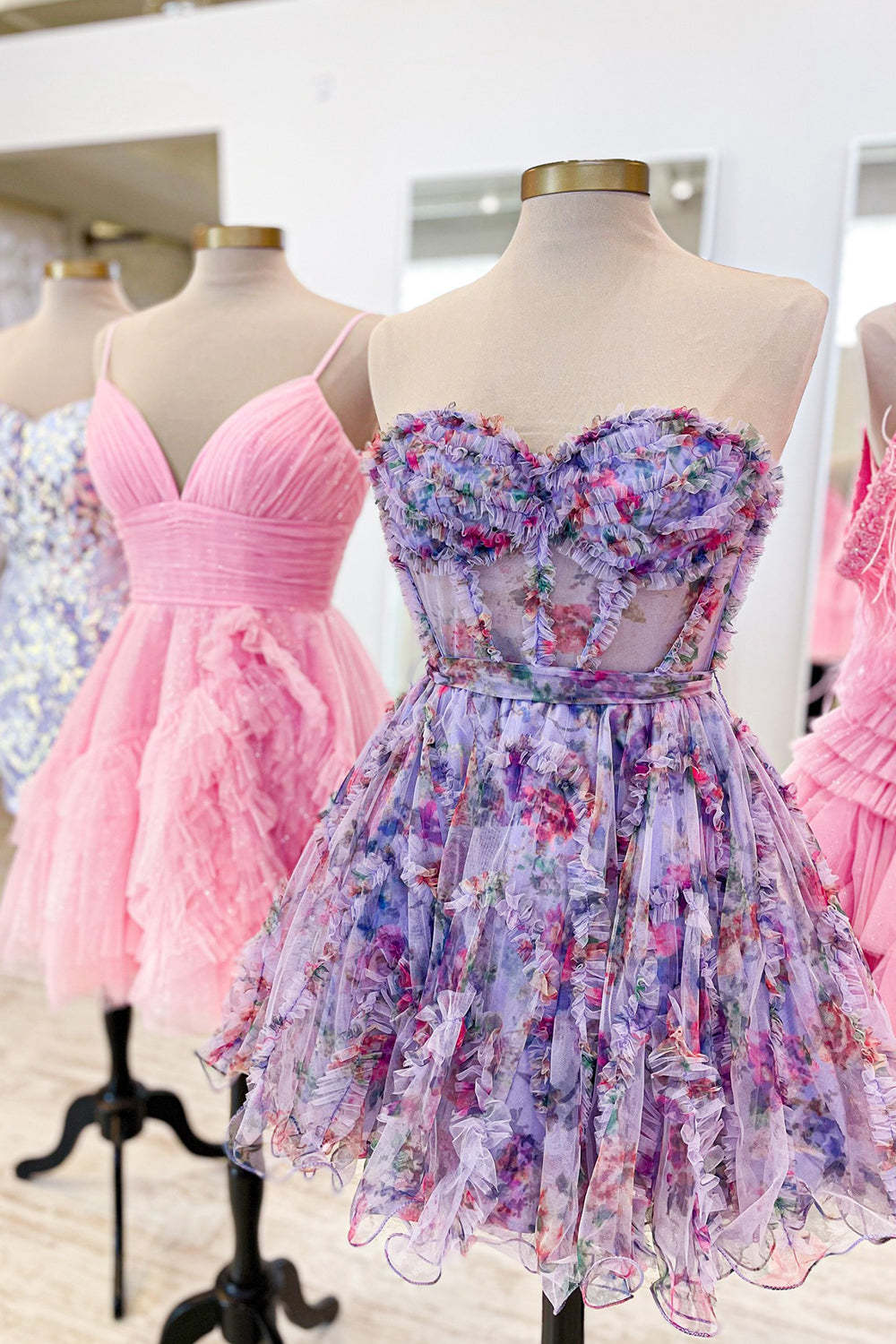 Pink Corset Sweetheart Floral A-Line Short Homecoming Dress with Ruffles