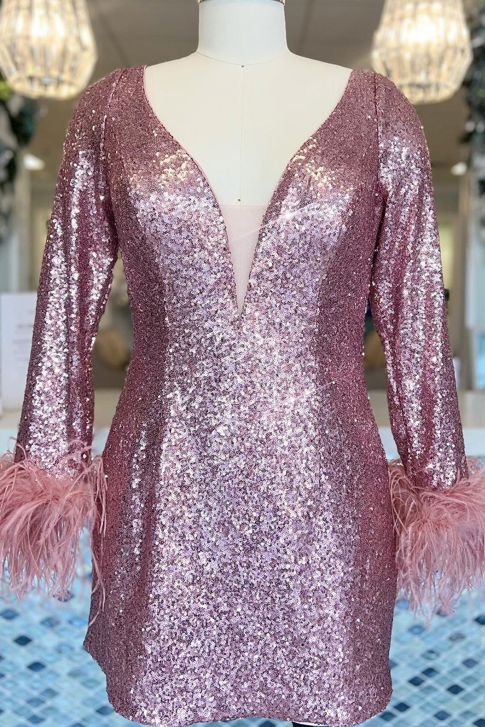 Sparkly Fuchsia Sequined Long Sleeves Tight Short Homecoming Dress with Feathers