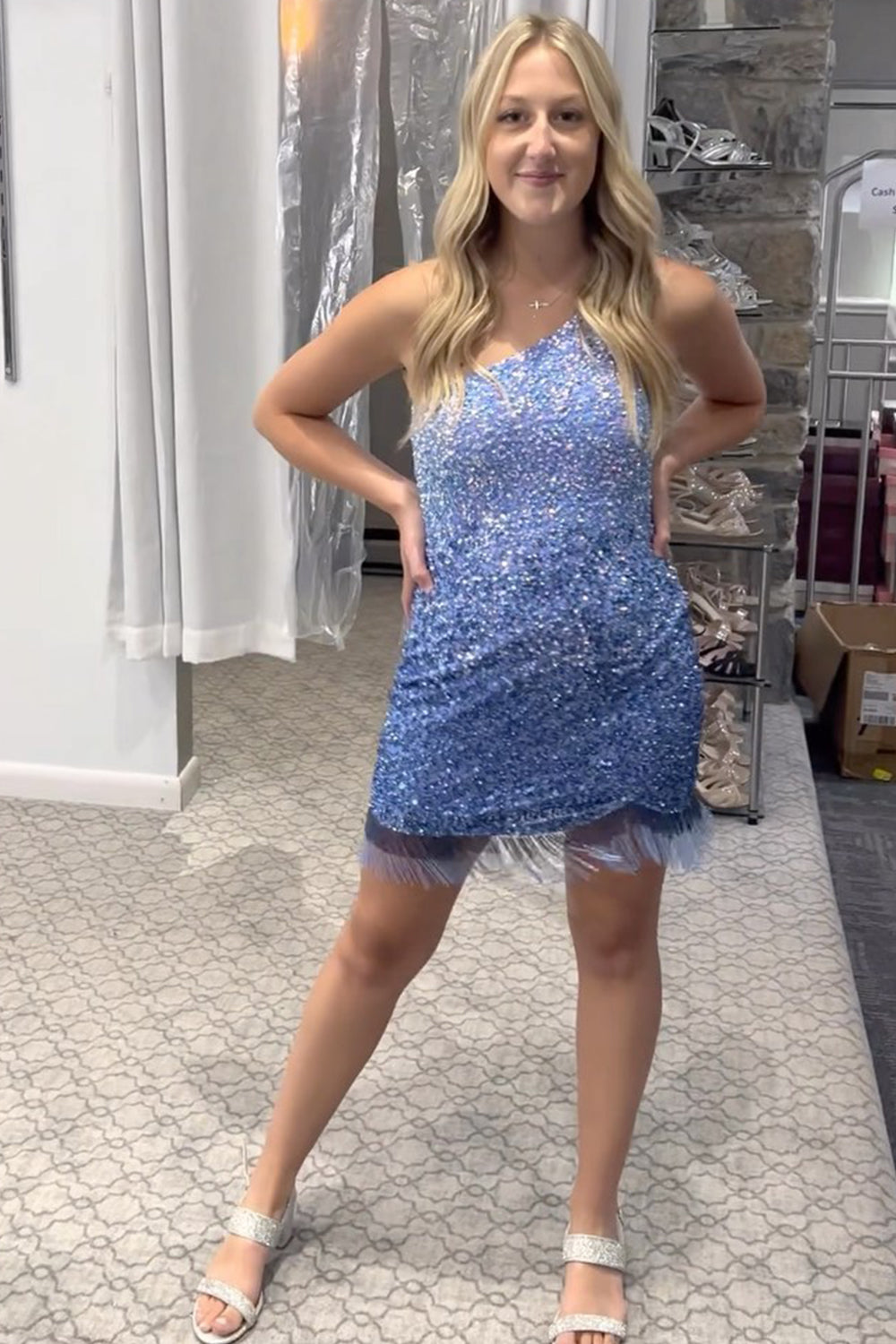 Sparkly Blue Sequined One Shoulder Tight Short Homecoming Dress with Fringes
