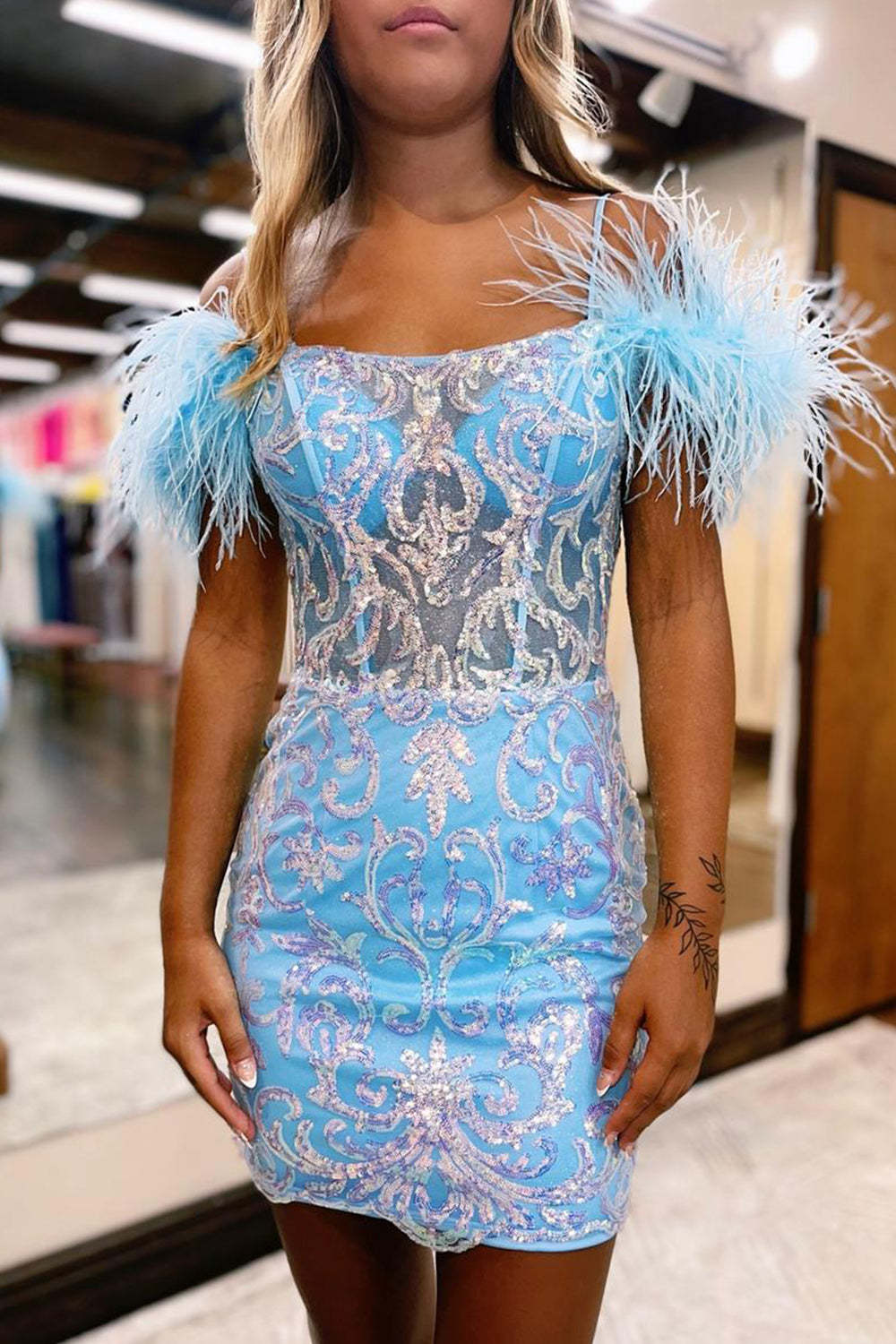 Glitter Blue Corset Lace Tight Short Homecoming Dress with Feathers