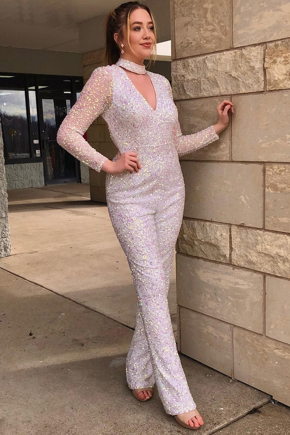 Sparkly White High Neck Open Back Sequins Prom Jumpsuits