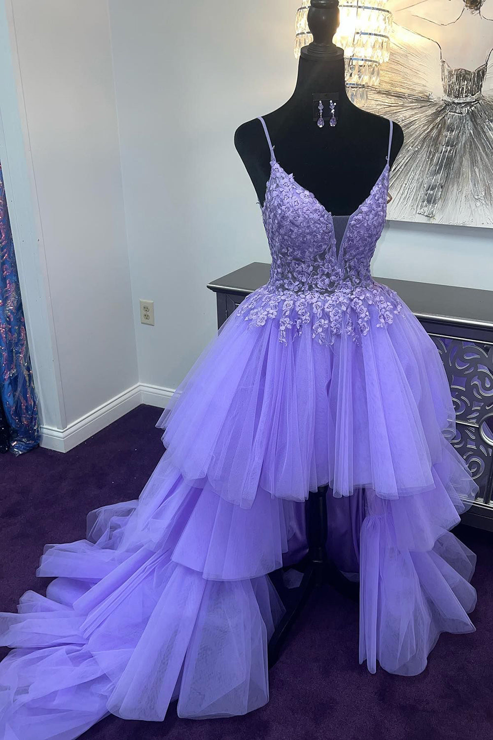 Purple High Low Tiered Homecoming Dress with Lace