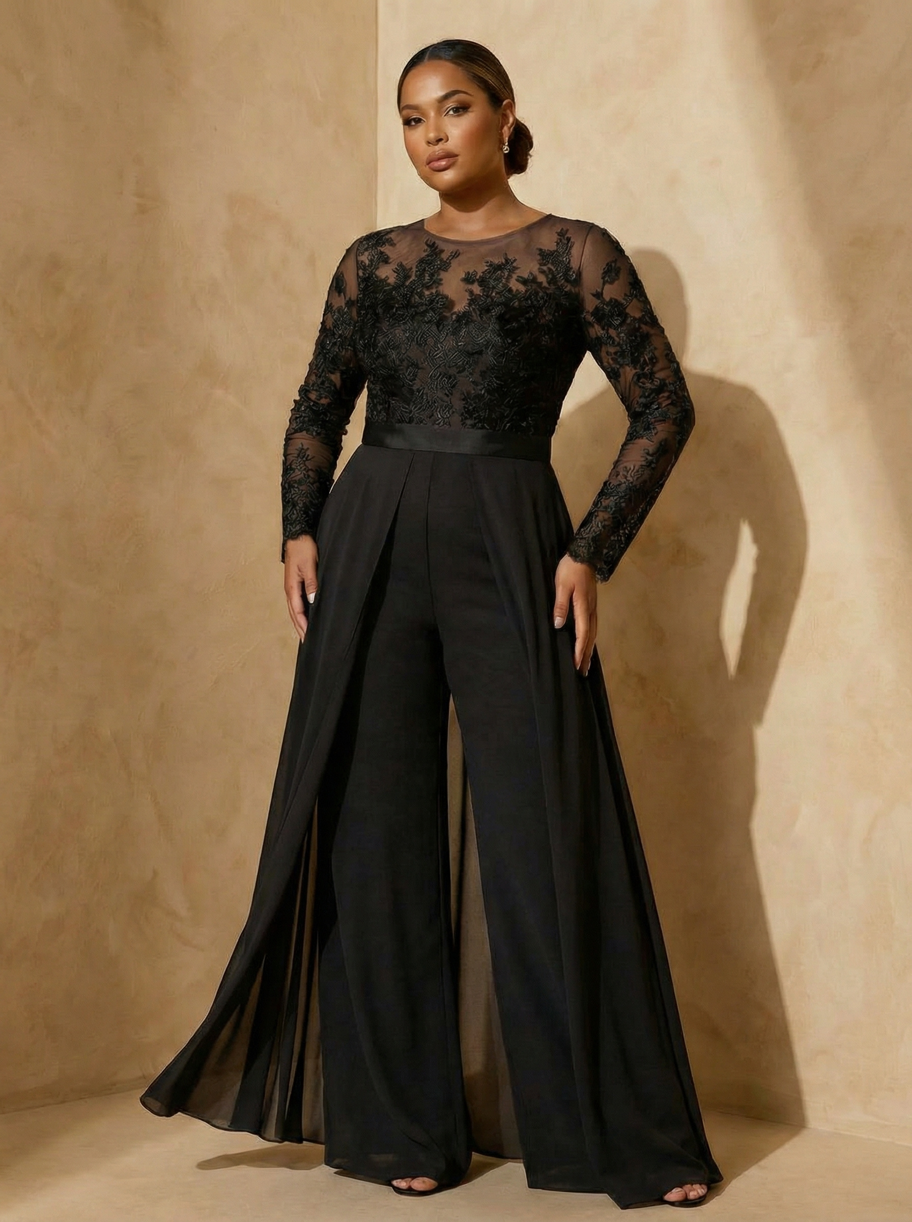 Black Chiffon Illusion Neck Floor-Length Mother Of The Bride Jumpsuit with Cape