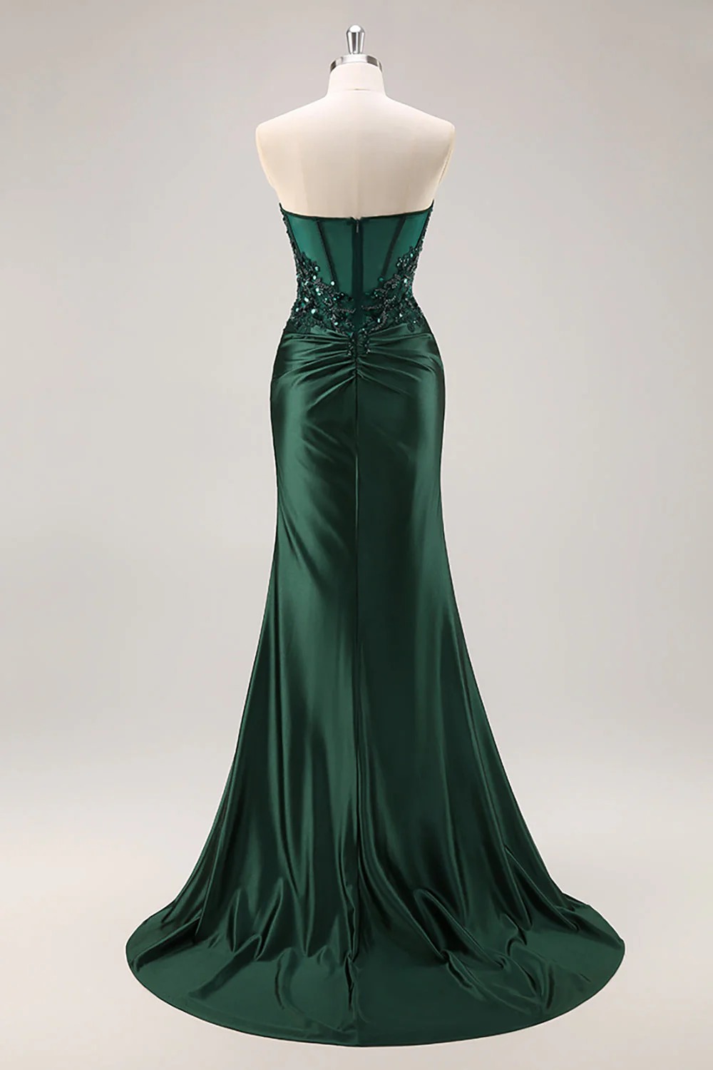 Saprkly Blue Satin Strapless Mermaid Corset Long Prom Dress with Slit