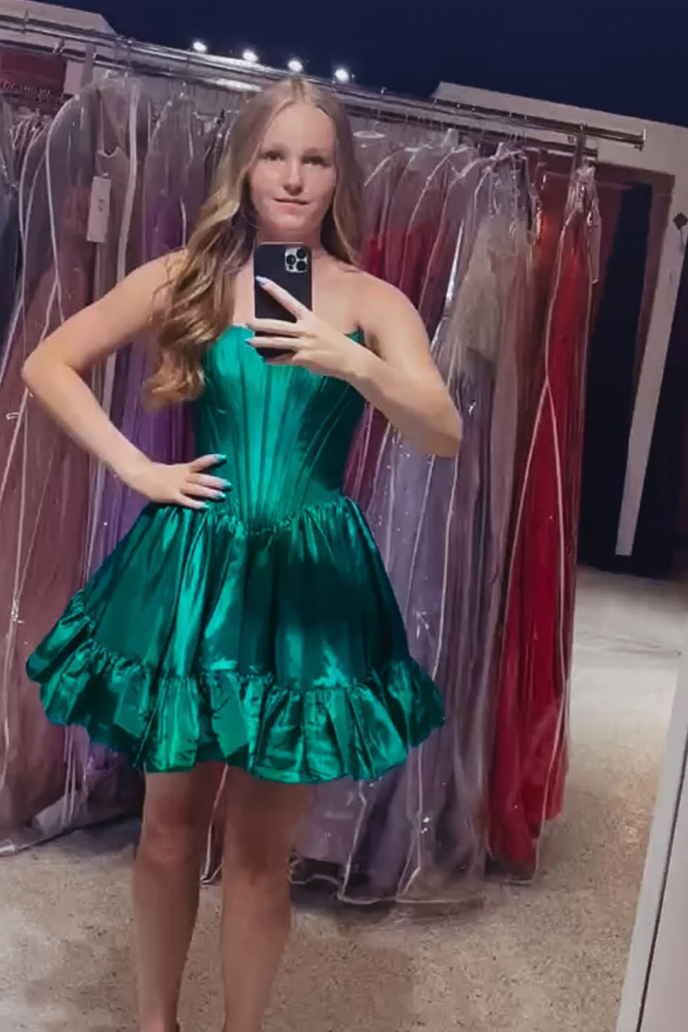 Turquoise Satin Corset A Line Short Homecoming Dress with Ruffles