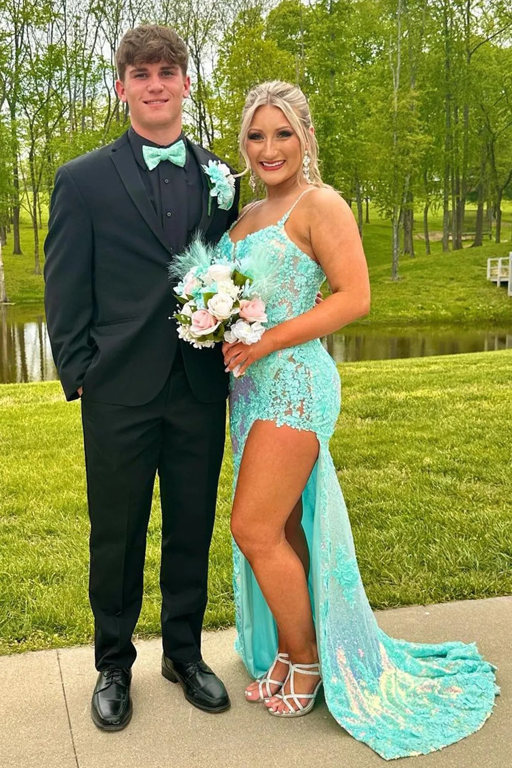 Sparkly Navy Spaghetti Straps Appliques Long Prom Dress with Slit