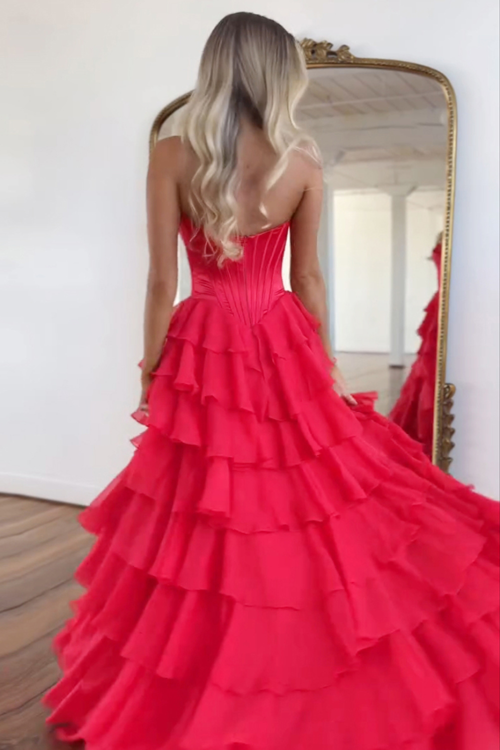  A Line Red Sweetheart Ruffled Long Prom Dress with Slit