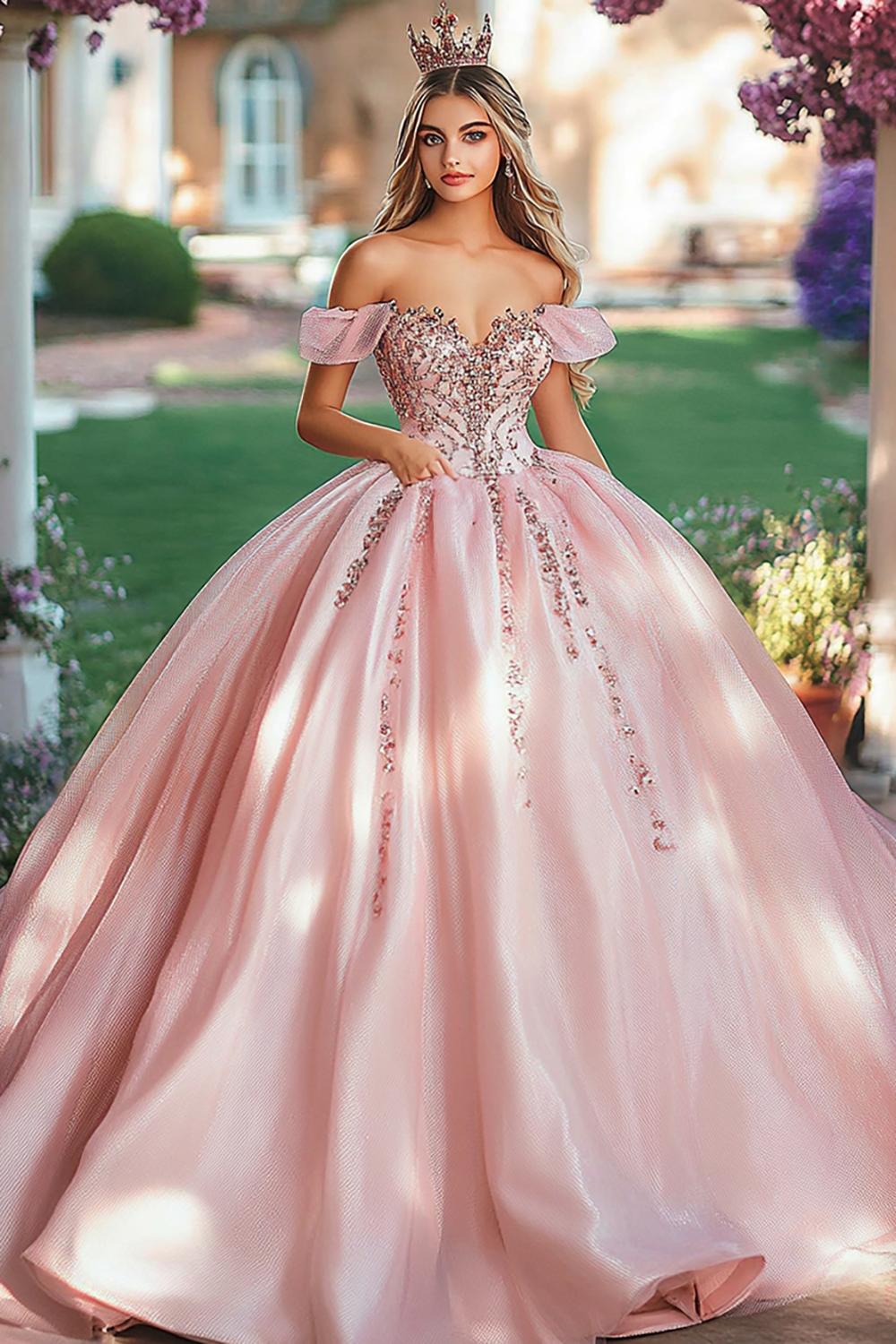 Blush Off the Shoulder Ball Gown Tulle Quinceanera Dress with Beading