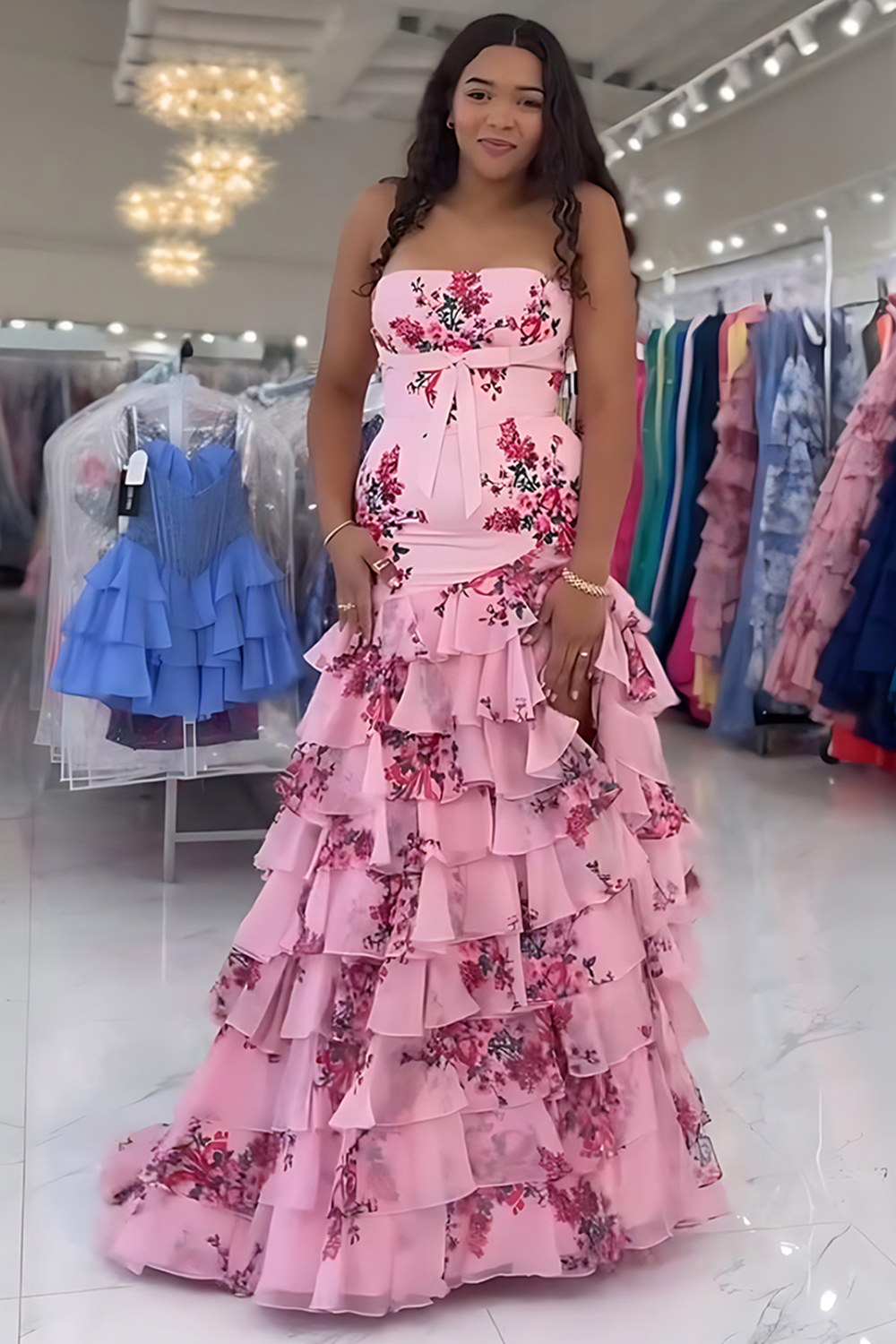 Pink Sheath Strapless Floral Tiered Long Prom Dress with Ruffles