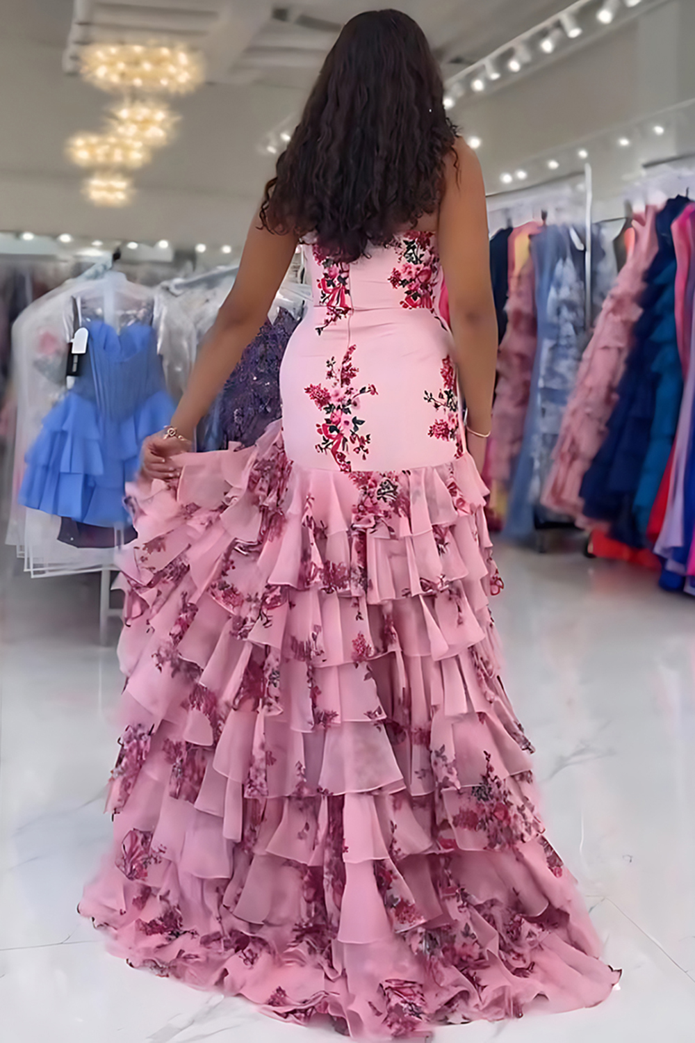 Pink Sheath Strapless Floral Tiered Long Prom Dress with Ruffles