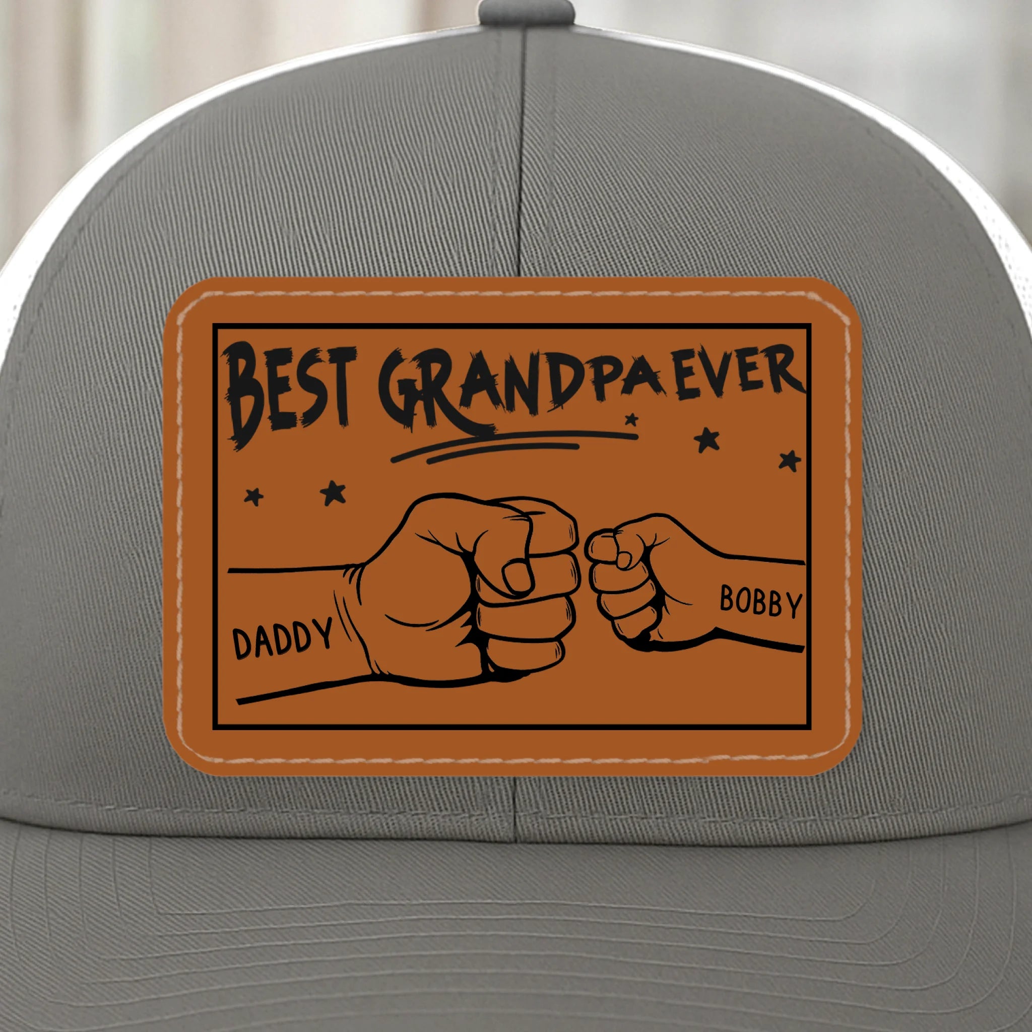 Dad Of The Year - Family Personalized Custom Leather Patch Mesh Cap - Father's Day, Gift For Dad, Grandpa