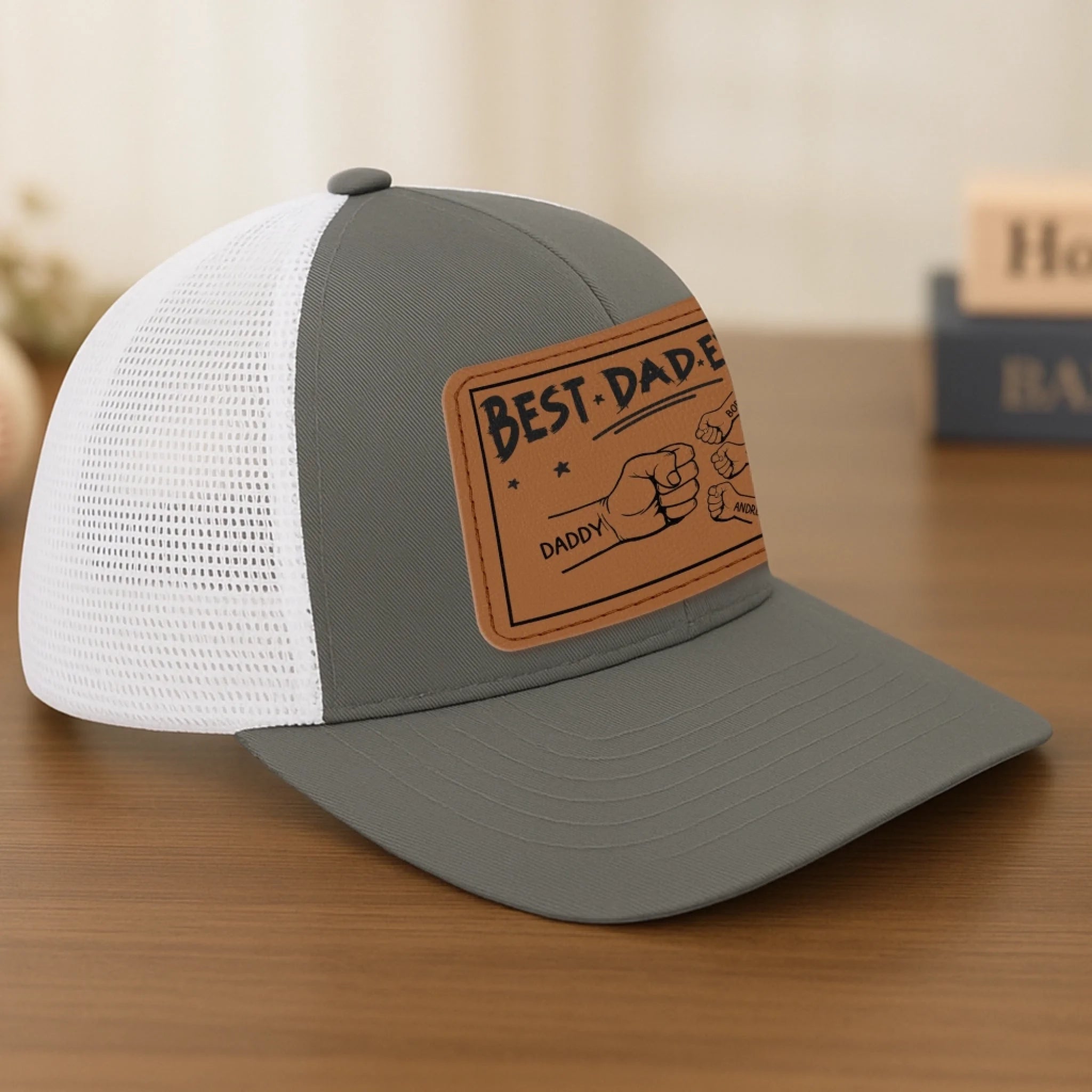 Dad Of The Year - Family Personalized Custom Leather Patch Mesh Cap - Father's Day, Gift For Dad, Grandpa