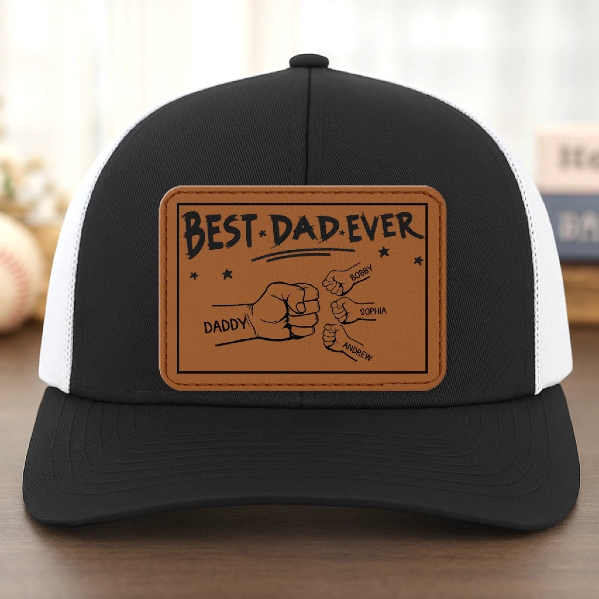 Dad Of The Year - Family Personalized Custom Leather Patch Mesh Cap - Father's Day, Gift For Dad, Grandpa