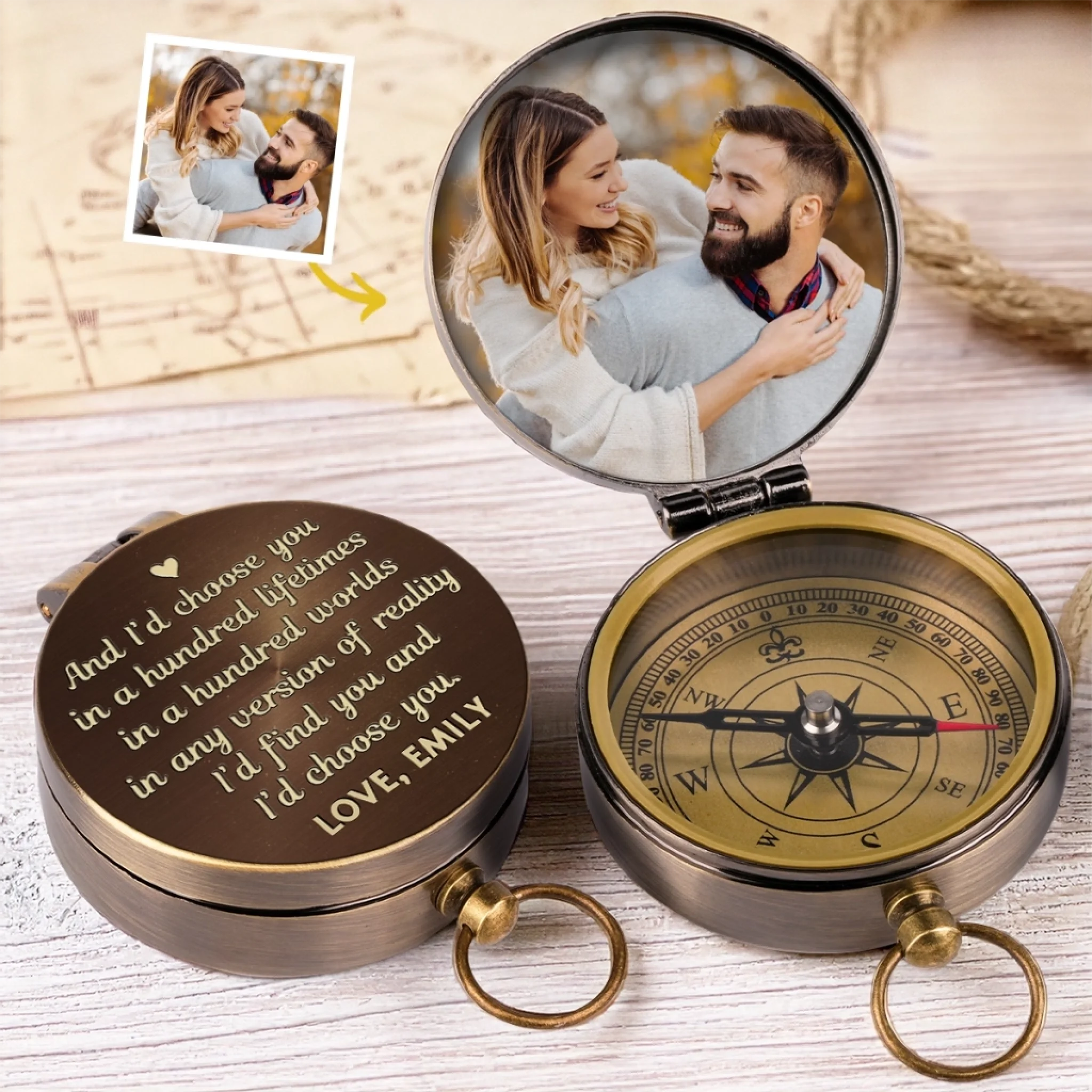 Custom Photo Someone Loves You Big Time - Couple Personalized Custom Compass - Gift For Husband Wife, Anniversary