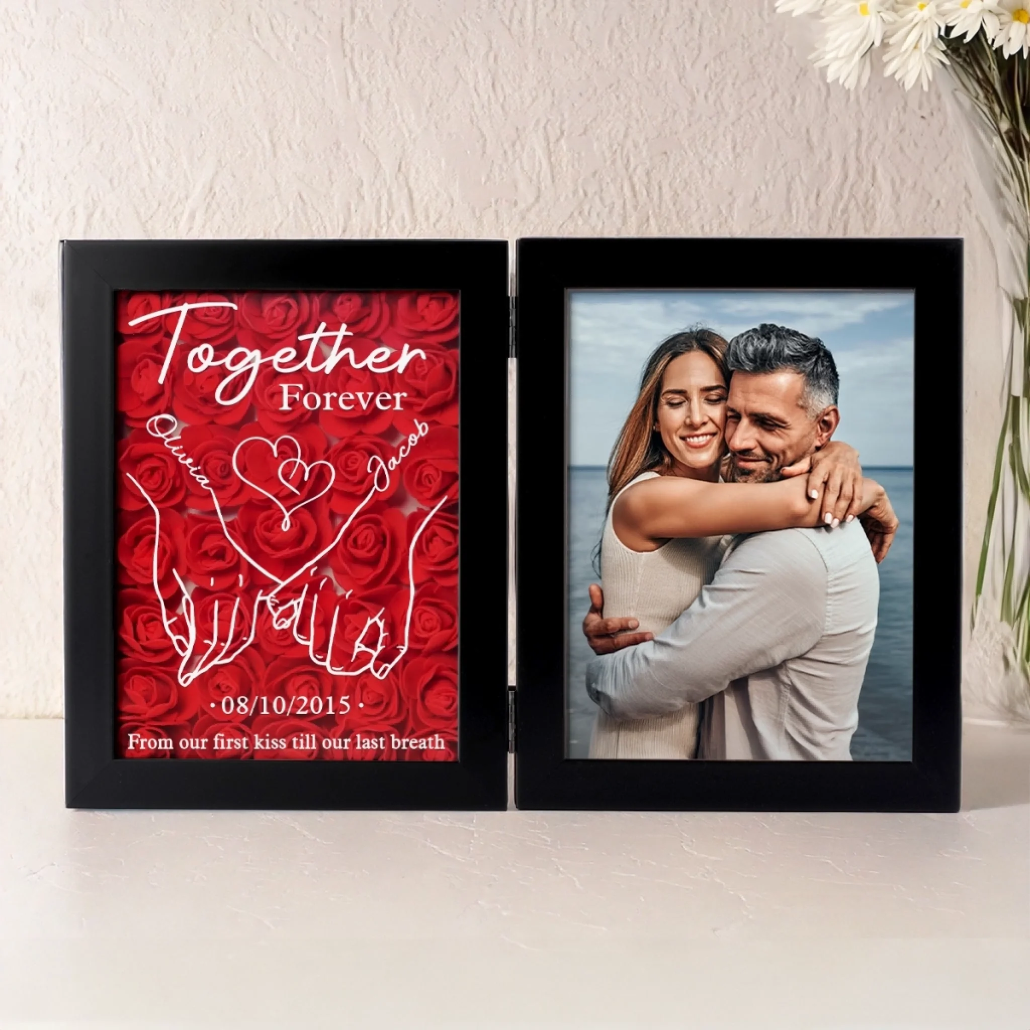 Custom Photo Together Forever - Couple Personalized Custom Double Frame Flower Shadow Box - Gift For Husband Wife, Anniversary