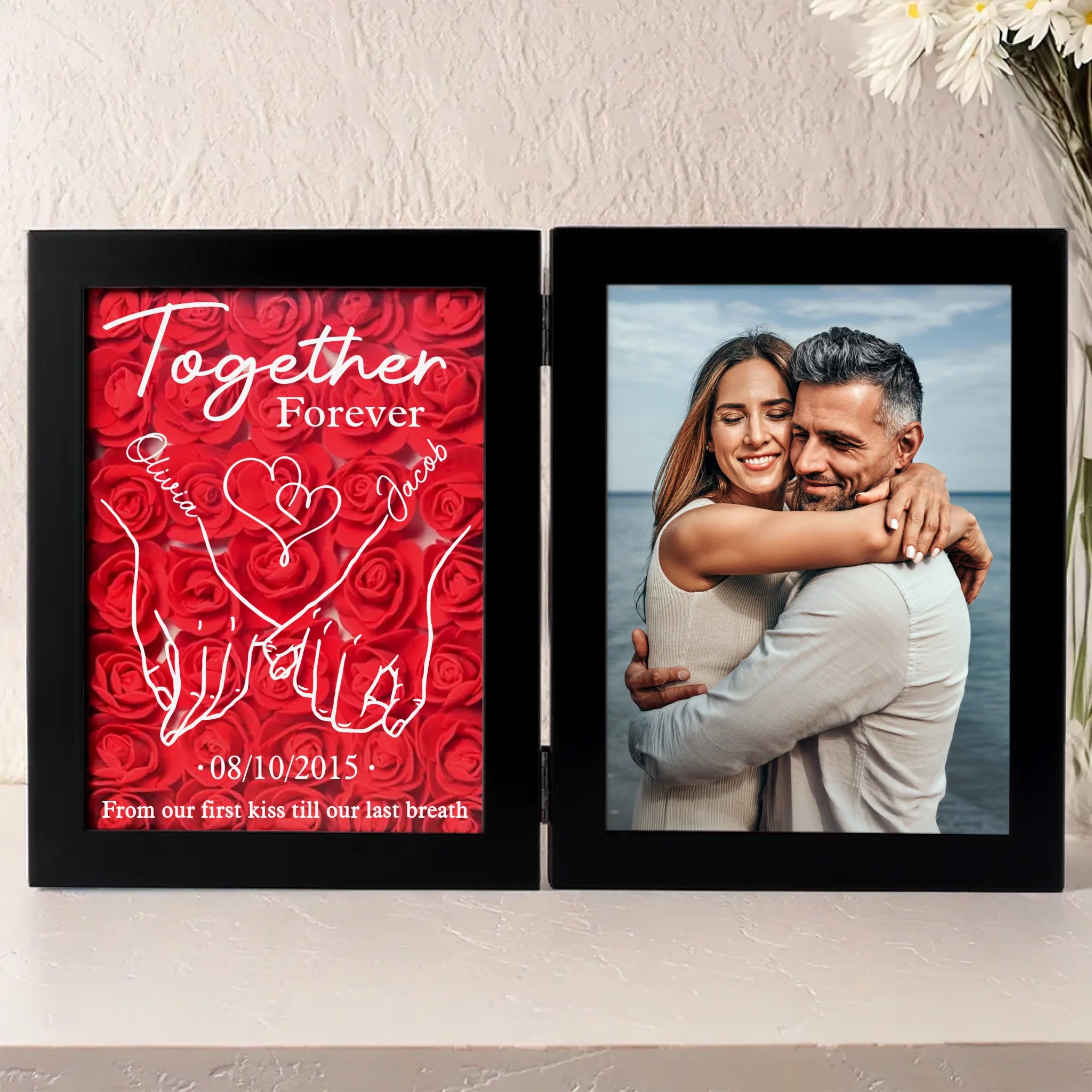 Custom Photo Together Forever - Couple Personalized Custom Double Frame Flower Shadow Box - Gift For Husband Wife, Anniversary